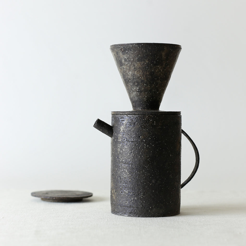 Handcrafted, Handmade, Artisan, Japanese, Ceramic, Pottery, Coffee Dripper, Pot, Black, Homeware, Kitchenware, Tableware, Monochromatic, Beautiful Quality, Unique, Art, Minimal, Made in Japan.
